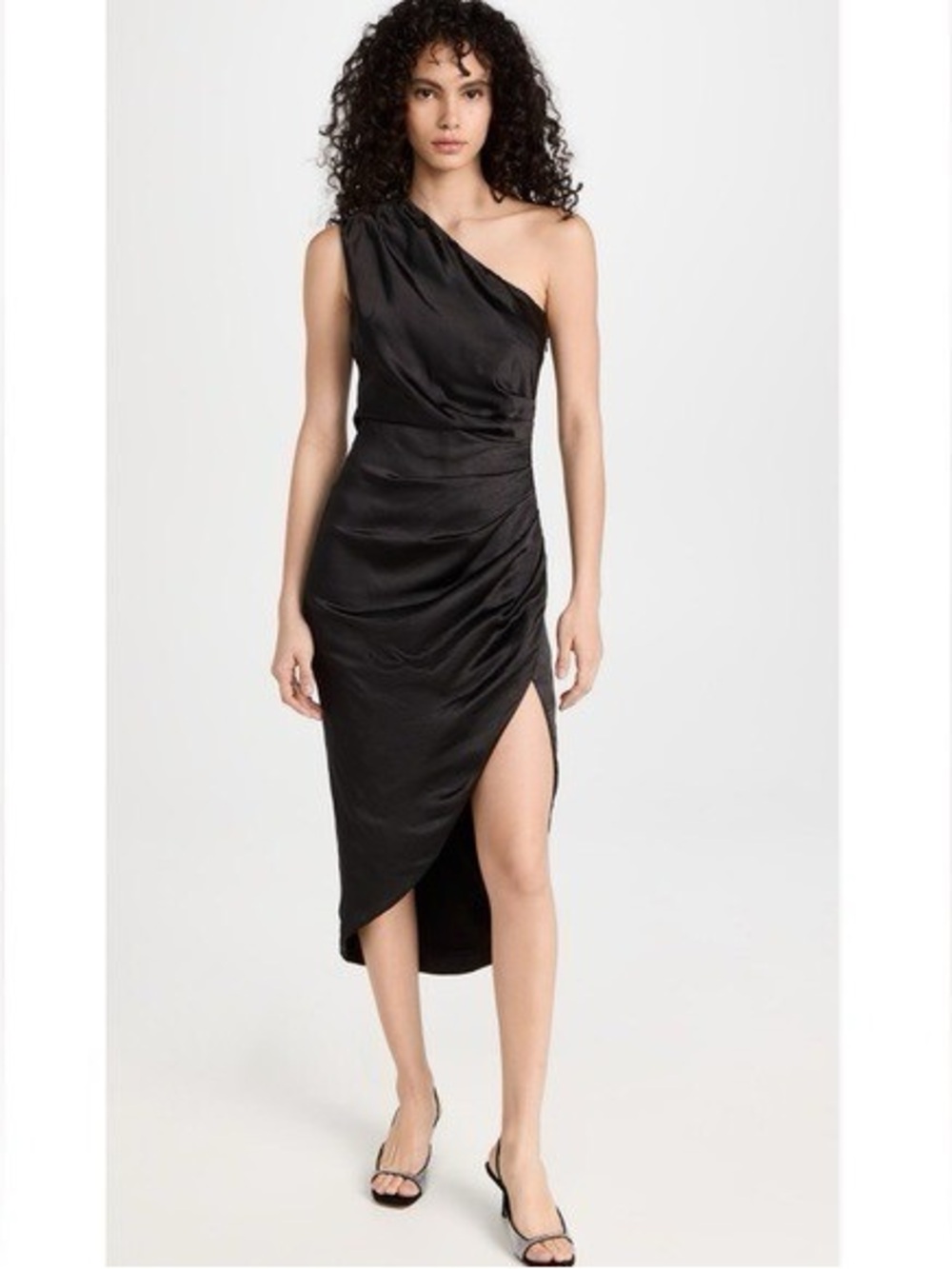 Elliatt Cassini One-Shoulder Black Satin Midi Dress
